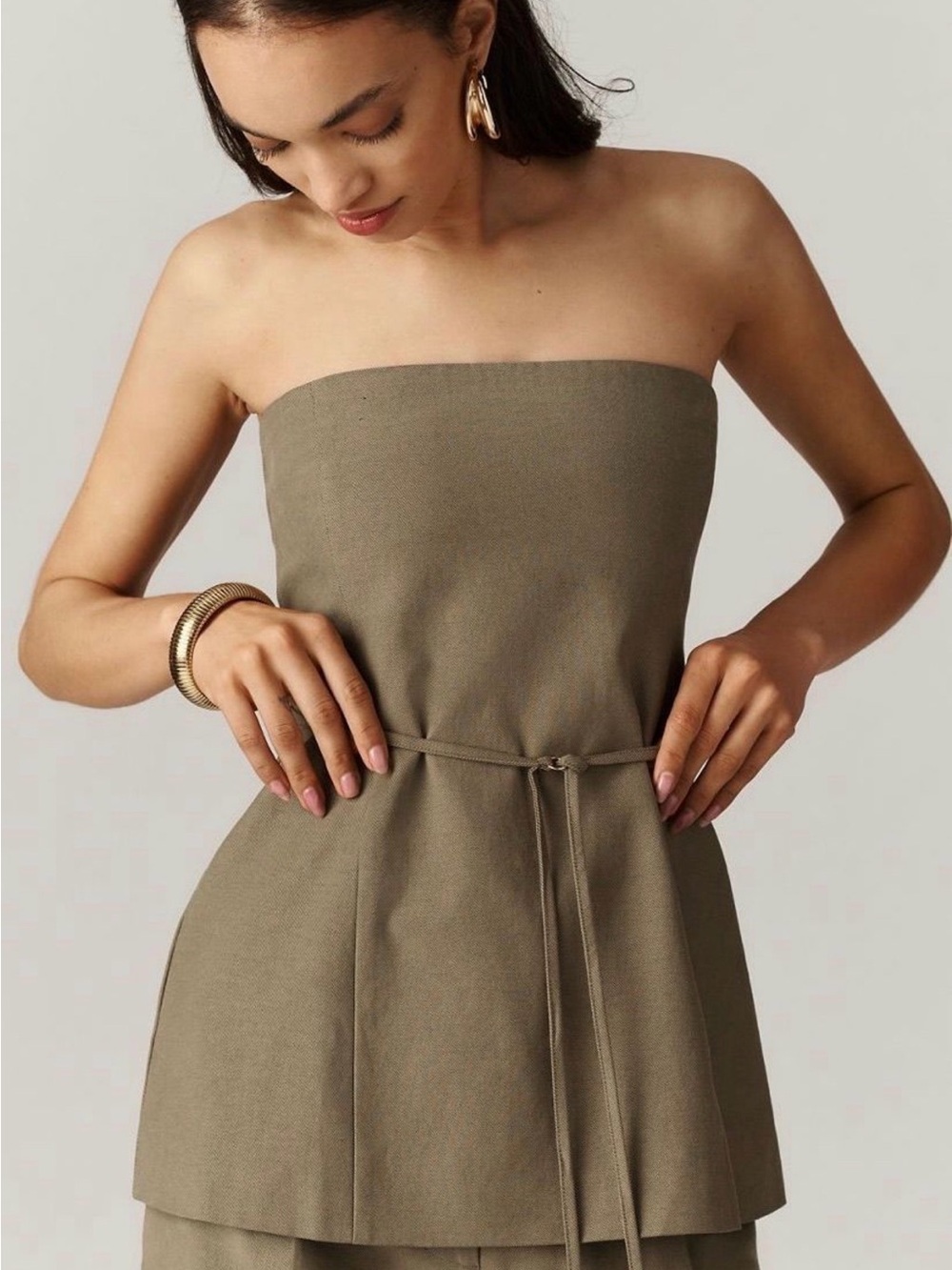 Anthropologie Strapless Olive Tube Top with Waist Tie size M